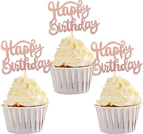 SYKYCTCY 36 Pack Happy Birthday Cupcake Toppers Glitter Celebrating Cupcake Picks Baby Shower Kids Anniversary Party Cake Decorations Supplies Rose Gold