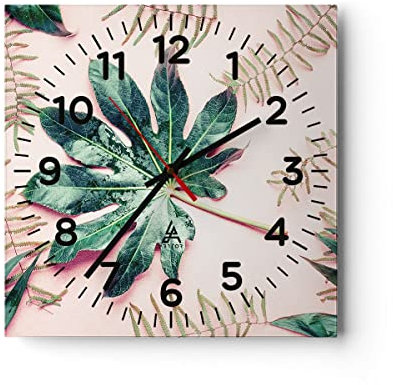 Modern Wanduhr Blatt Tropisch Palme 40x40cm Quadrat Groß Wand Uhr Glas Analog Zimmeruhren Küche Büro Wohnzimmer Glasuhr Wall Clock Dekoration Design Wanddekoration Küchenuhr C4AC40x40-4314
