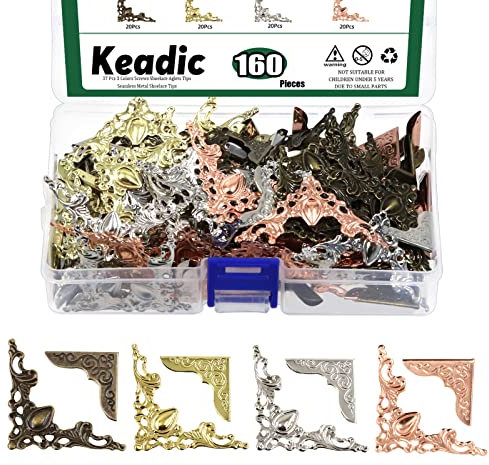 Keadic 161 Stück 2 Stile Metall Buch Eckschutz Set mit Aufbewahrungsbox, 4 Farben Eisen Dreieck Kantenschutz Montage Ecken Cover geschnitzt dekorativ für Alben Ordner Menü Notizbuch