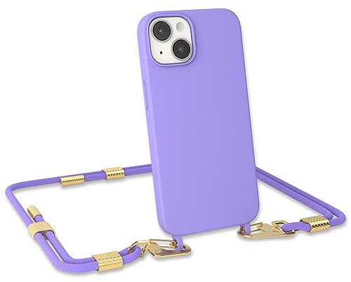 EAZY CASE - Handykette mit Karabiner kompatibel mit iPhone 14 - Hülle Silikon Fallschutz Handyhülle für iPhone 14 Kette zum Umhängen Schutzhülle mit Mikrofaser in Lavendel Lila - Clips Gold