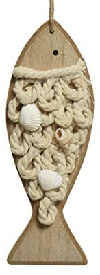 Maritime Deko 19,5cm Fisch Holz Aufhänger Dekofigur Holzfisch Hängedeko Maritim makramee Optik beige