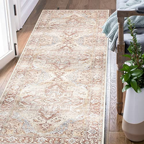 TOPICK Läufer Flur Waschbar Ziegelrot Küche Läufer Vintage Blume Orientalischer Dünner Faltbar Teppich für Brücken Schlafzimmer Wohnzimmer Tisch rutschfest Teppichläufer Flurteppich 60x180cm
