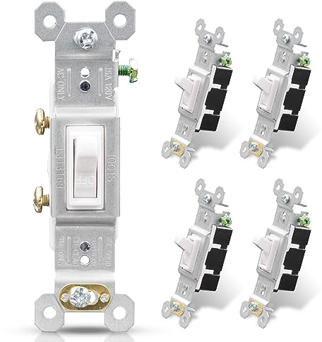 ELEGRP Single Pole Toggle Light Switch, 15 Amp, 120 Volt, Toggle Framed AC Quiet Switch, in Wall On/Off Switch Replacement, Self-Grounding, Residential and Commercial Grade, UL (5 Pack, Glossy White)