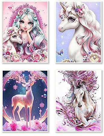 DCIDBEI 30x40CM 4 Lot Diamond Painting Princesse, Canevas Diamant Cerf Puzzle Diamant Adultes Cheval DIY,Cristal Art kit Complet Enfants Décor Mur d'intérieur Avec Outils|| Animaux Fantastique