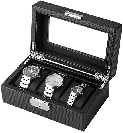 SHYOSUCCE Boîte à montres 3 compartiments avec couvercle en verre transparent et coussin amovible