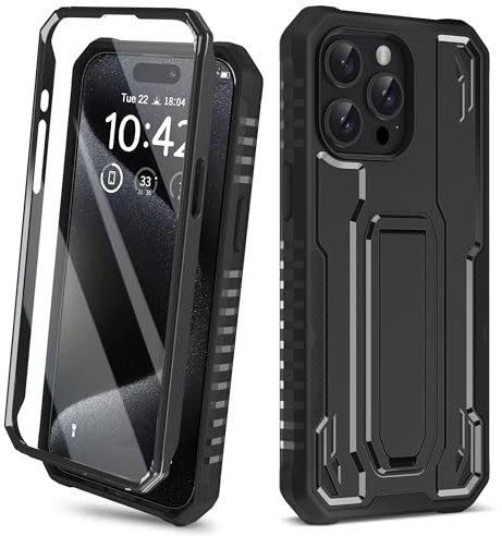 ORETECH for iPhone 15 Pro Max Case,[Built-in Tempered Glass Screen Protector] [Built-in Kickstand] [Heavy Duty Protection] Full Body Shockproof Anti-Silp Cover for iPhone 15 Pro Max Phone Case - Black