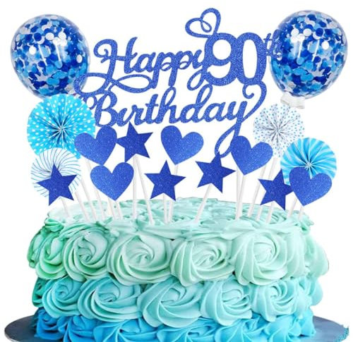 Tortendeko Geburstagstorte NavyBlau 90 Geburtstag für Frauen Männer - Happy Birthday Kuchen Dekoration Glitter Cake Topper