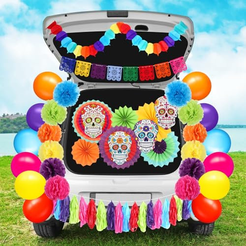 Panelee Halloween Kofferraum oder Leckerli Auto Dekorationen Kit Auto Torbogen Garage Dekoration Día De Muertos Halloween Auto Dekor mit Banner Papierfächer Luftballons Quaste für Outdoor Tür Garage