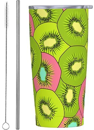 Tasse mit süßem Kiwi-Frucht-Muster, Becher mit Deckel und Strohhalm, 590 ml, vakuumisolierte, wiederverwendbare Kaffeetassen aus Edelstahl, Reisebecher