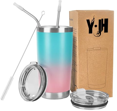 Y·J&H 20oz (550ml) Travel Tumbler Double Wall Vacuum Insulated Coffee Mug Stainless Steel Coffee Cup with 2 Splash Proof Lid, 2 Straws & Free Cleaning Brush, BPA Free - Turquoise&Pink