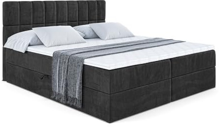 ALTDECOR Boxspringbett mit Matratze und Lattenrost, Boxbett, Topper, Polsterbett mit Bettkasten, Bett mit Stauraum H3-Matratze, Doppelbett, Springboxbett - Miami - 180x200 - Schwarz Samt