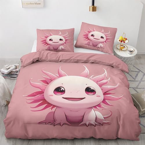 Axolotl Bettwäsche Sommer 135x200 - Bettbezug 135x200 Mädchen Cartoon, Bettwäsche-Sets 2 teilig, Weich & Atmungsaktiv Mikrofaser Wendebettwäsche und 1 Kissenbezug 80x80 mit Reißverschluss N&-r86
