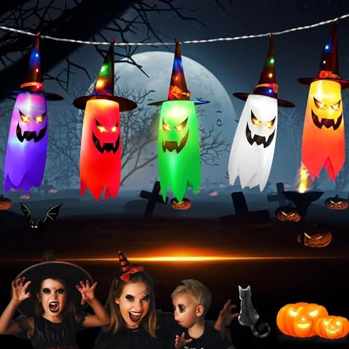 Halloween Deko Lichter Geister, Halloween Lichterkette Outdoor Geist Deko Licht, Led Lichterkette Hexenhut Deko Batteriebetrieben Halloween Beleuchtung für Garten, Hof, Zuhause, Baum Dekorationen