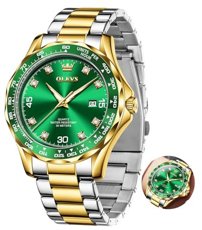 OLEVS Herrenuhr Grünes Zifferblatt Diamant Edelstahl Luxus Gold Silber Armbanduhr Herren Lässig Quarz Analog Uhren Männer Edelstahl Wasserdicht Mode Kleid Geschenke Handgelenk Uhr Herren mit Datum