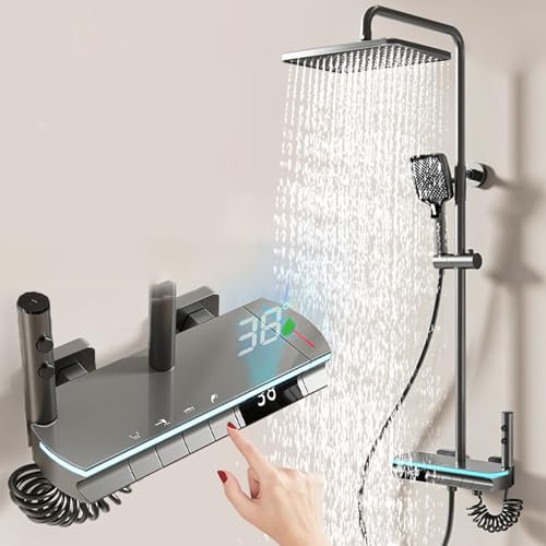 Colonne de douche Thermostatique - Colonne de douche avec Mitigeur Douche, Pommeau de Douche et tuyau, Systèmes de Douche Economie d'eau, Anti Calcaire Ensemble de Douche avec Numérique LED Gris