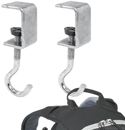 Cxryrzhe 2-Pack Clamp-On Desk Mount Bag Holder Hooks - Silver Metal, Non-Slip, Adjustable, Heavy Duty, Space Saving, Multifunctional Hooks for Tables, Bookshelves, Cabinets, Glass Surfaces