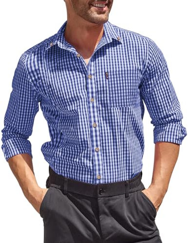 Misfuso Chemise Homme Casual à Carreaux Manche Longues avec Poche Poitrine Chemise Homme Décontractée en 100% Coton Bleu L
