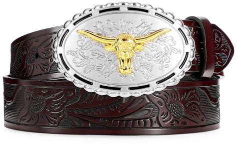 WERFORU Western Leder Schnalle Gürtel für Herren Damen Cowboy Cowgirl Ledergürtel für Jeans Weihnachten Herrengürtel Geschenke