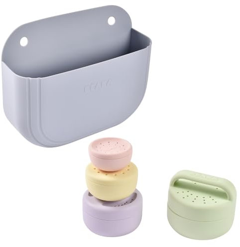 BÉABA, Coffret 4 Jouets de Bain Bébé : Panier Rangement Ventouse et Lot 4 Jouets Bain Silicone, Empilables, Gigognes, 2 Compartiments, Galet & Mutli couleurs