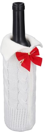 Christmas Wine Bottle Present Bag Drawstring Bag, Xmas Wine Bottle Cover Knitting Sweater for Table Centerpieces Party Decorations (White)