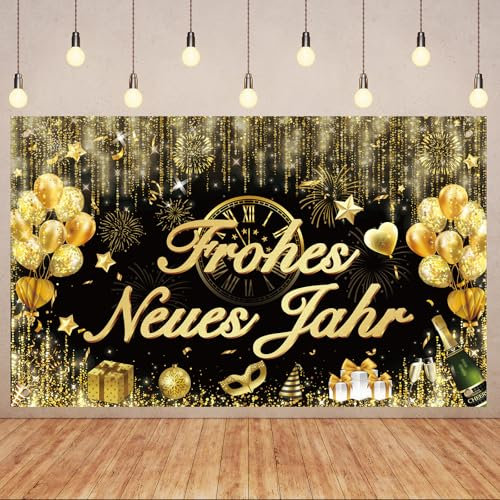 SUNYOK Silvester Deko 2025 Frohes Neues Jahr Banner - Große Neujahr Party Dekoration Schwarz Gold - Happy New Year Backdrop für Innen Außen Silvester Party 180x110cm