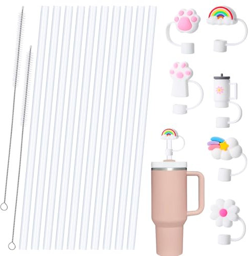 Xialvyu 18 Stück Trinkhalme Set, Strohhalme Zubehör Set, Enthalten 10 Trohhalme Lange 31CM, 2 Reinigungsbürste Lange 27 CM mit 6 Strohdeckel für 40 oz Reisebecher Cup