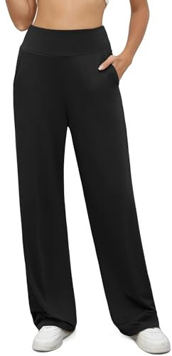 BEIGAI Yoga Hose Damen Palazzo Stretch High Waist Sporthose Casual Lockere Jogginghose Trainingshose Gym Workout Hosen mit Taschen,Schwarz,L
