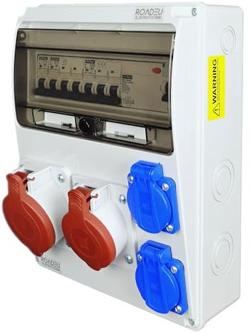 RoadEu Coffret mural CEE 16A & 32A – 2x prises Schuko 230V – Interrupteur différentiel & disjoncteurs – IP44 – Boîtier électrique pré-câblé pour chantier, atelier et extérieur