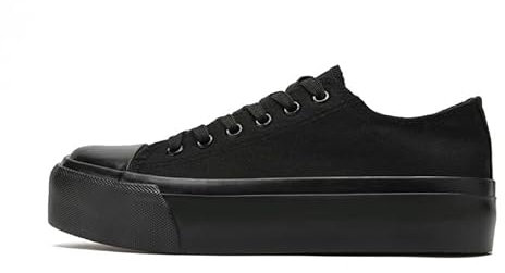 Ladies Fashion Platform Trainers Women’s Platform Low Top Lace Up Canvas Shoes Pumps Plimsolls Outdoor Tennis Walking Shoes All Black