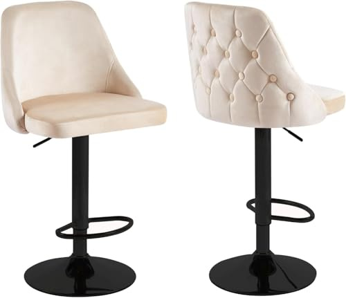 HYGRAD Set Of 2 Velvet Bar Stools Swivel Adjustable Breakfast Bar Stool Home Kitchen Island Stools Padded Soft Height Adjustable Stool (Cream + Black Base)