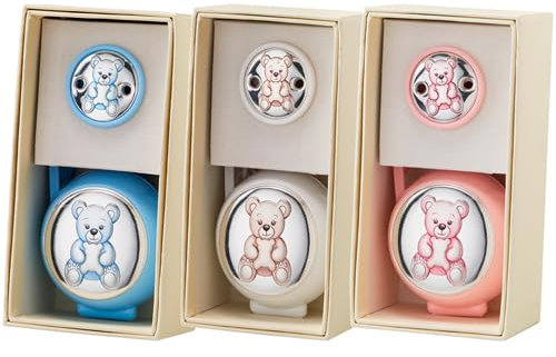 Conjunto de Pinza de Chupete y Portachupetes con Aplique Laminado en Plata de Ley 925‰. Diseño de Osito. Disponible en color Azul, Rosa y Blanco. (RCNF231)