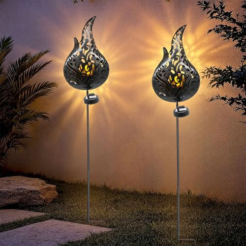 Lot de 2 flammes solaires de jardin avec boule en verre craquelée LED - Torche décorative en métal de 92 cm - Avec lumière de flamme - Prise décorative de jardin - Lampe solaire de jardin en verre