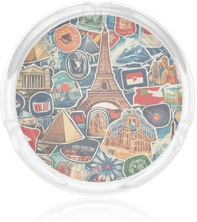 Runder Glasaschenbecher Eiffelturm Pyramide Reiseaufkleber Aschenbecher mit rutschfester Unterseite für Zuhause, Büro oder draußen