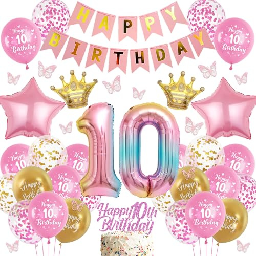 batnite Luftballon 10. Geburtstag Mädchen Rosa - Happy Birthday Banner und Riesen Bunt Folienballon Zahl 10, 3D Schmetterlinge und Tortendeko Geburtstagsdeko Ballon für 10 Jahre Geburtstag Deko