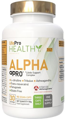 Potenciador testosterona y libido hombre, Tribulus Terrestris 90% Saponinas – Alpha Pro – Fórmula 5 en 1 con KSM-66® Ashwagandha, Fenogreco, L-Citrulina y Resveratrol – Fuerza, Energía y vitalidad.