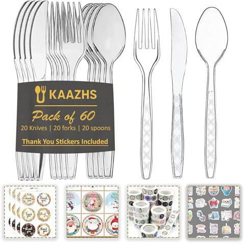 Reusable Plastic Cutlery Set with Stickers | Pack of 60 (20 Spoons, 20 Forks & 20 Knives) Durable, Lightweight, Heavy Duty | Cutlery Set with Party Stickers for Everyday Personal Use