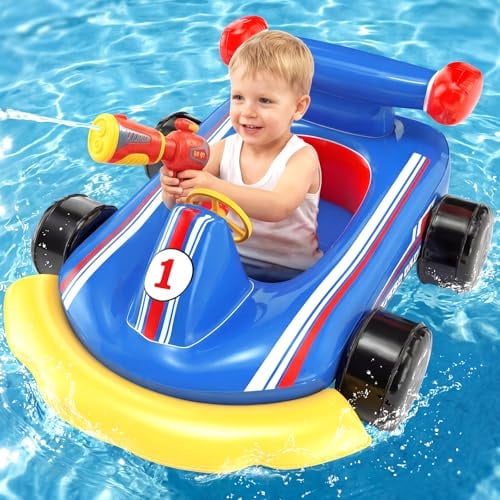Lehoo Castle Aufblasbarer Schwimmring mit Wasserpistole & Sound-Lenkrad, Go-Kart Schwimmhilfe für Kinder 3-6 Jahre, Sicherer Pool Schwimmsitz für Sommer Wasser Spiele