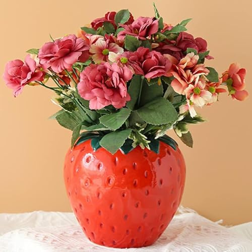 Busnos Rote Erdbeer Keramik Vase Pampasgras Deko Wohnzimmer modern Vase Zimmer Wohnzimmer Deko Aesthetic Boho Modern Keramik Vasen für Schminktisch Couchtisch Schlafzimmer (15x15x15cm)