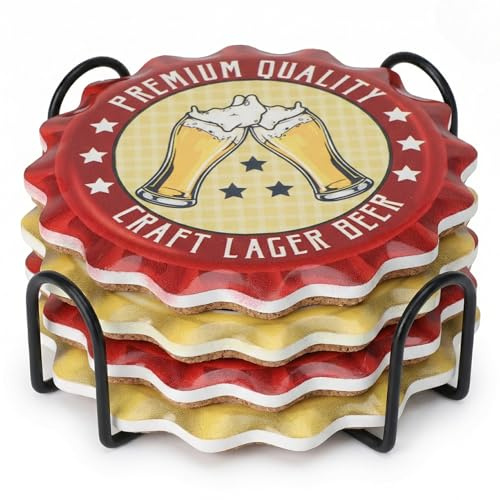 MIJOMA Bier-Untersetzer 4er-Set Ø11 cm – Dolomit mit Korkrückseite und Metallhalter – Vier Kronkorken-Designs für Bar, Küche und Party