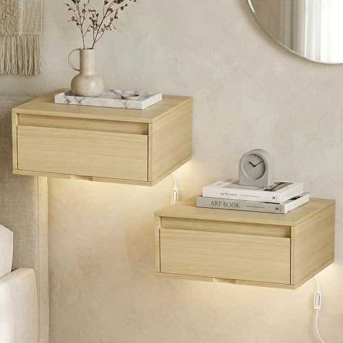 Clevich Nachttisch Hängend 2er Set, Hängender Nachtschrank mit Schublade | Leuchte mit 3 Farben, minimalistischer Wandnachttisch aus Holz, für Schlafzimmer, Wohnzimmer, Büro, Flur, 2pcs