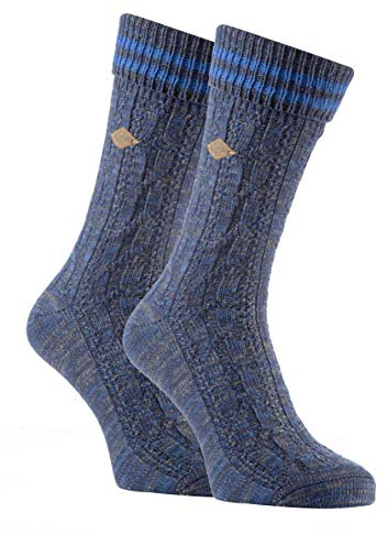 Farah - 2 Pack Mens 1920 Cable Knit Thick Cotton Warm Ribbed Boot Dress Socks with Turn Over Top (6-11 uk, 06 Medieval Blue/Heather Blue)