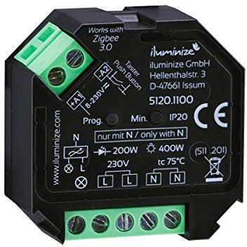 iluminize Zigbee 3.0 Dimm-Aktor Mini, 1 Kanal 230V, max. 200W/400W, dimmen per Phasen-ab-schnitt
