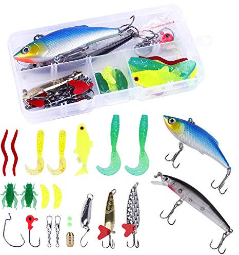 HONGXIN-SHOP Angelköder Kit Kunstköder Spinner Blinker Wobbler Set mit Aufbewahrungsbox für Hecht Zander Barsch Forelle 24 Stücke