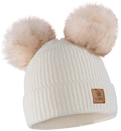ELIMELI Kinder Mütze für Mädchen warme gestrickte Wintermütze mit Zwei Bommeln Perfekt Beanie für Winter und Herbst 17223 (Weiß)