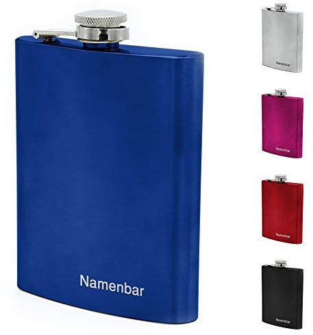 Flachmann mit Namens Gravur, Edelstahl, individuelle Geschenkidee zur Hochzeit, zum Geburtstag oder mehr! (Blau)
