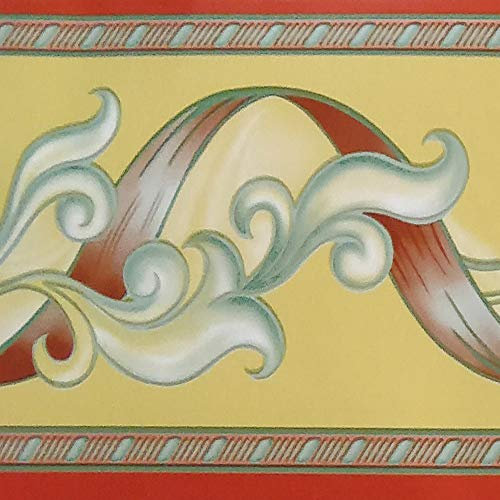 Dundee Deco BD3216 Tapete mit abstrakten roten Streifen und grünen Reben Chartreuse gelber Tapeten Bordüre, Tapetenbordüre Retro-Design, Rolle, 10 m x 10 cm, selbstklebend