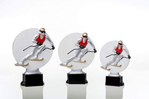Henecka Ski-Pokal, Resinfiguren Skifahren, Silber mit rot, mit Wunschgravur, wählbar in 3 Größen, oder als 3er-Serie