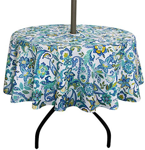 EHouseHome Runde Tischdecke für drinnen und draußen, mit Schirmloch und Reißverschluss, wasserfest, für Terrasse, Frühling und Sommer, Garten, Grillabende, Picknick, ca. 150 cm