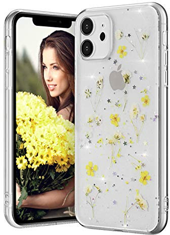 EYZUTAK Dried Flower Case for iPhone 11 Pro Max 6.5 inch, Bling Glitter Sequin Shockproof Clear Floral Pattern Silicone Gel Back Cover Protective Case - Yellow