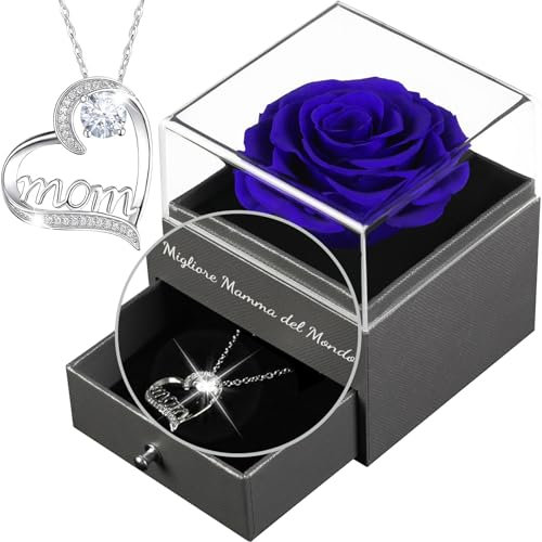 Yamonic Festa della Mamma Idee Regalo, Rosa Eterna con Collana Argento 925 Regalo Mamma, Migliore Mamma del Mondo Regali per Mamma,Rosa Stabilizzata Vera Regalo Mamma Compleanno,Natale,Blu